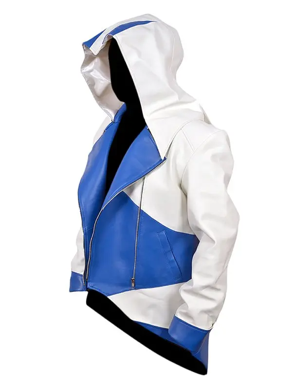 Assassins Creed White and Blue Hooded Leather Coat