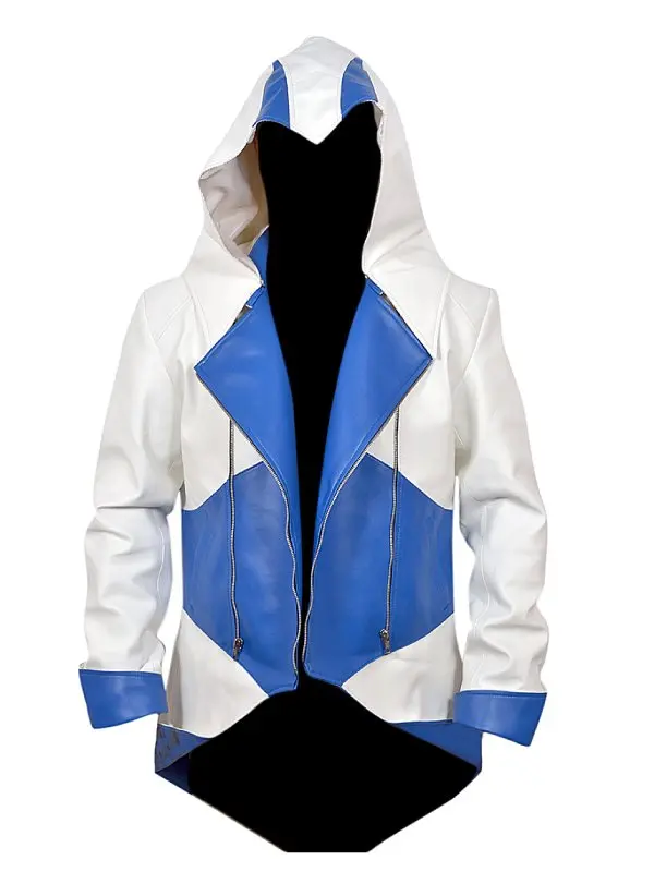 Assassins Creed White and Blue Hooded Leather Coat