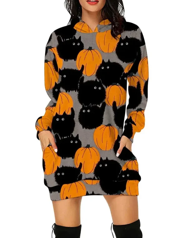 Halloween Black Cat Pumpkin Long Hoodie