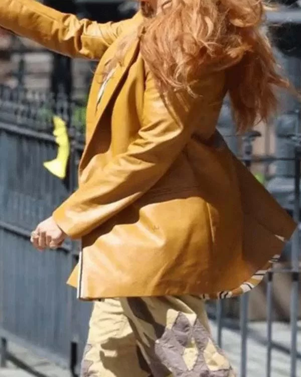 It Ends With Us 2024 Blake Lively Mustard Leather Coat