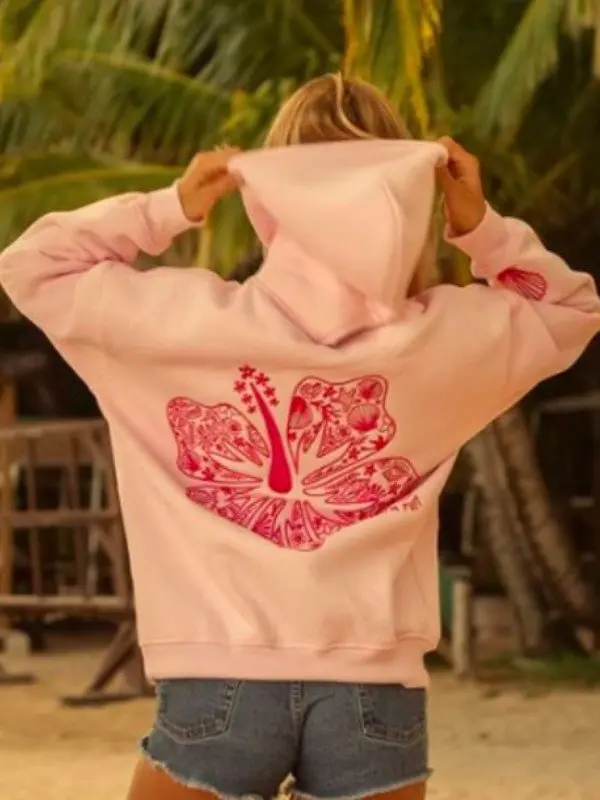 Pink Palm Puff Hawaii Hibiscus Hoodie