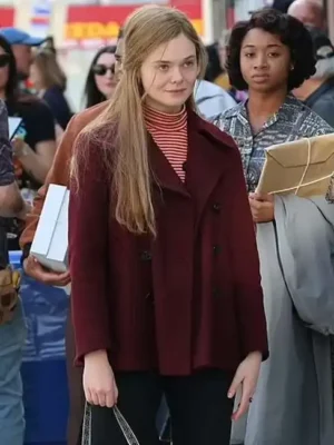 A Complete Unknown Elle Fanning Maroon Coat