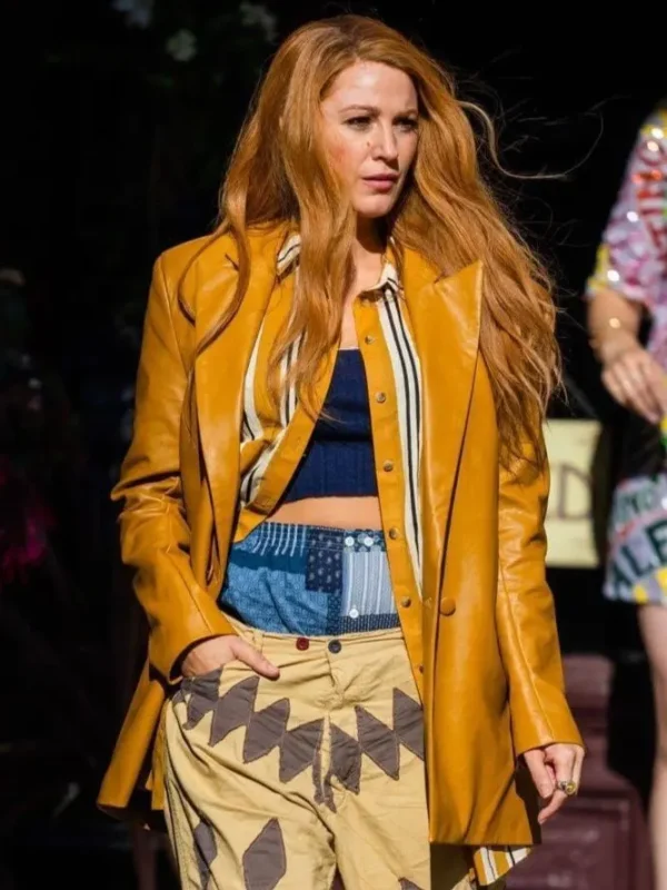 It Ends With Us 2024 Blake Lively Mustard Leather Coat