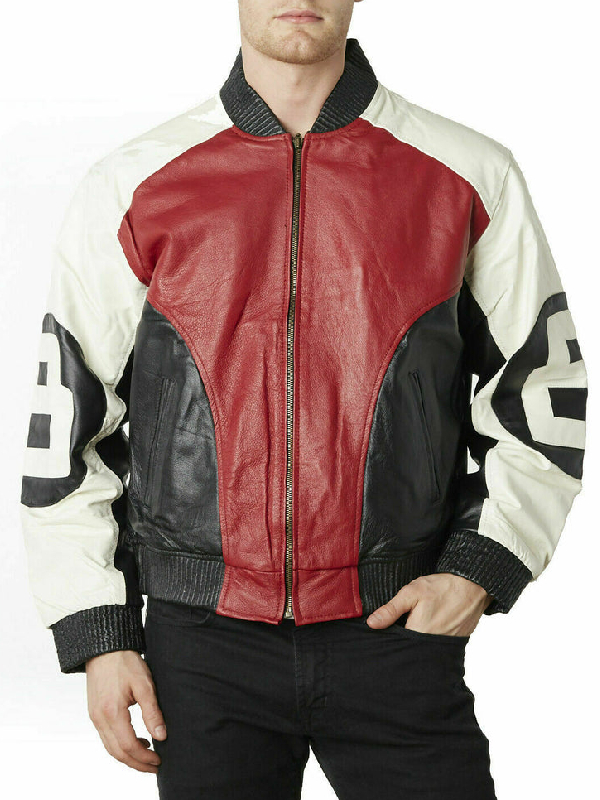 8 Ball Red & White Bomber Leather Jacket