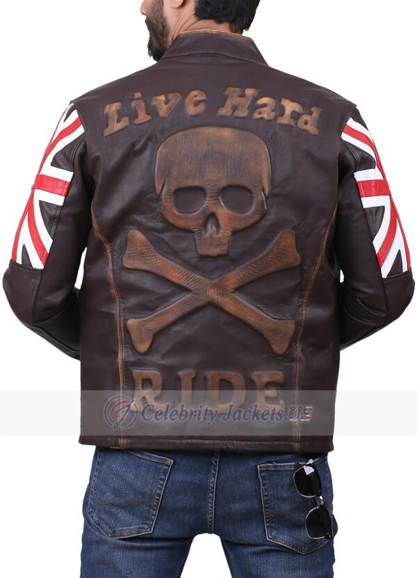 Cafe Racer Embossed Skull Biker Vintage UK Flag Leather Jacket