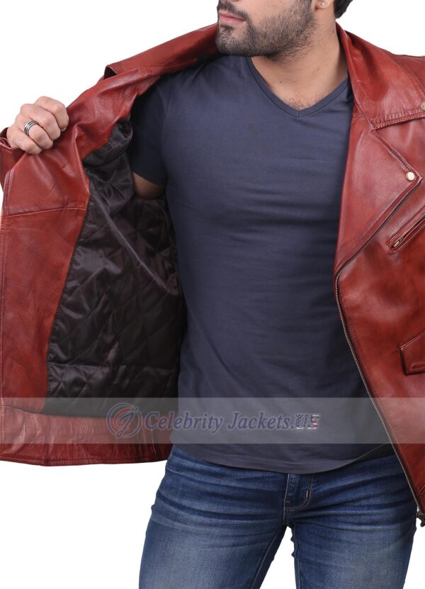 Lapel Collar Maroon Brown Leather Jacket for Men