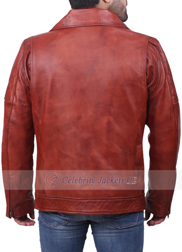 Lapel Collar Maroon Brown Leather Jacket for Men