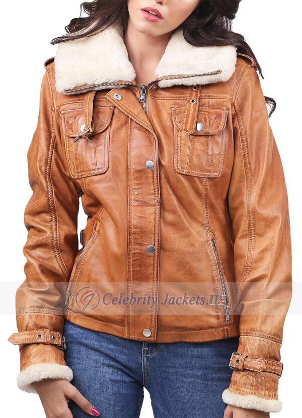 Sina Leather Biker Jacket Cognac With Fur Collar