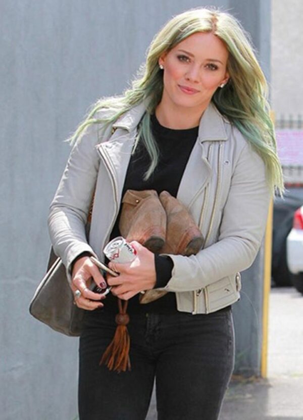 Hilary Duff Grey Biker Leather Jacket