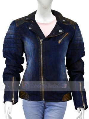 Ashley Cotton Denim Metallic Washed Moto Biker Jacket