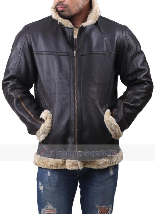 B3 Black Bomber Jacket Belt Closure and Fur and Zipper