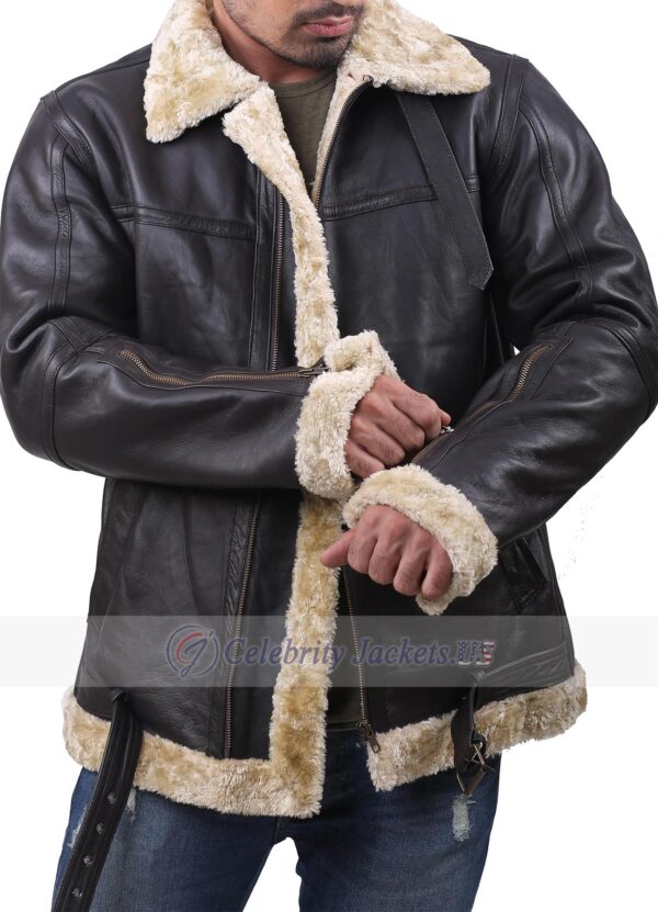 B3 Black Bomber Jacket Belt Closure and Fur and Zipper