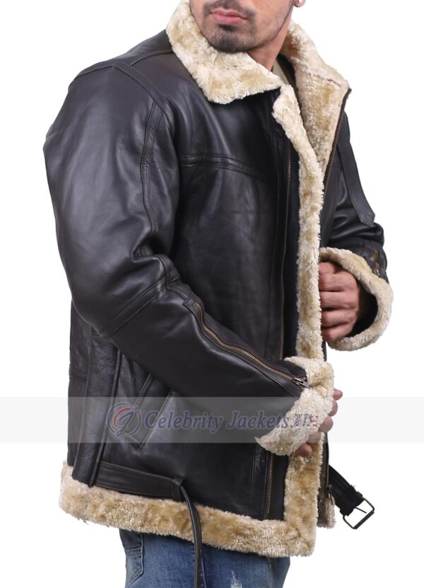 B3 Black Bomber Jacket Belt Closure and Fur and Zipper