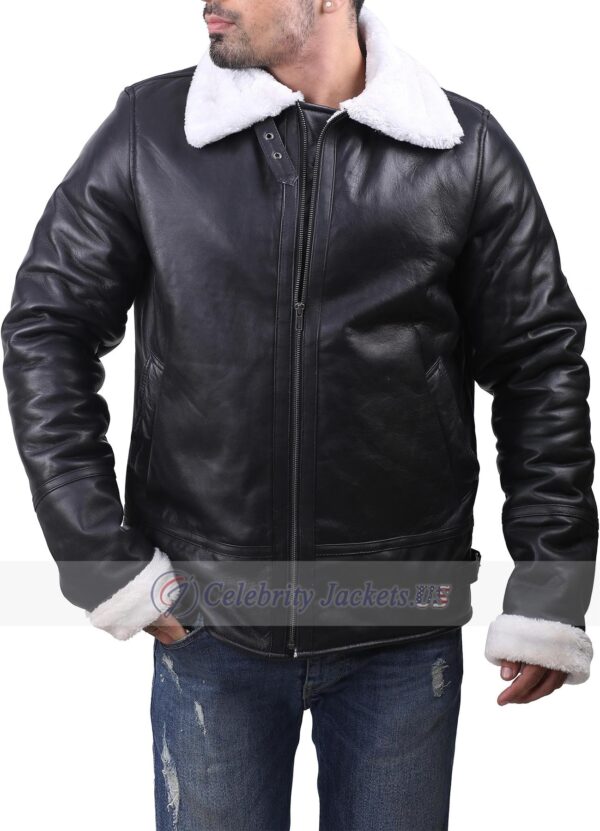 B3 Black Bomber Jacket With Faux Fur Collar And Cuff