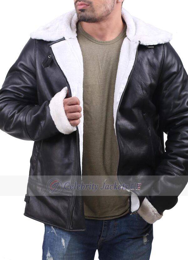 B3 Black Bomber Jacket With Faux Fur Collar And Cuff