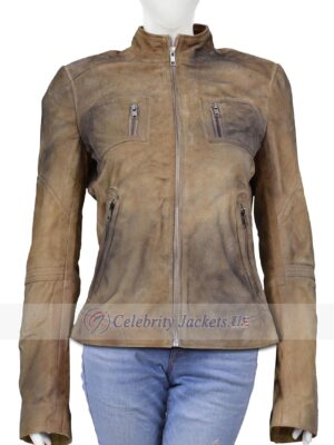 Black Rub Brown Suede Leather Jacket for Women