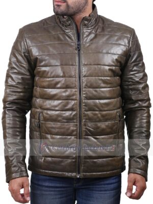 Brown Front Quilted Leather Jacket For Men