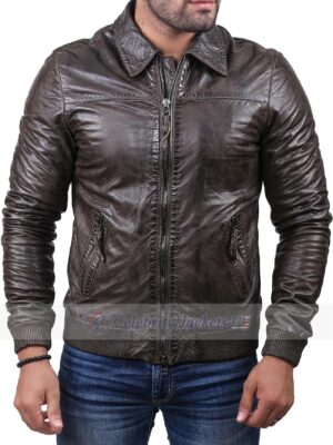 Chocolate Brown Crocodile Style Leather Jacket With Shirt Collar