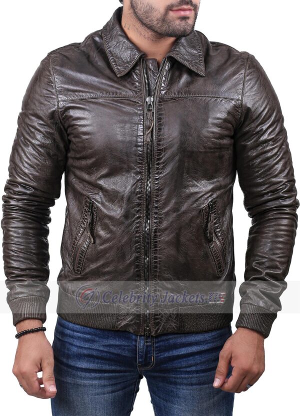 Chocolate Brown Crocodile Style Leather Jacket With Shirt Collar