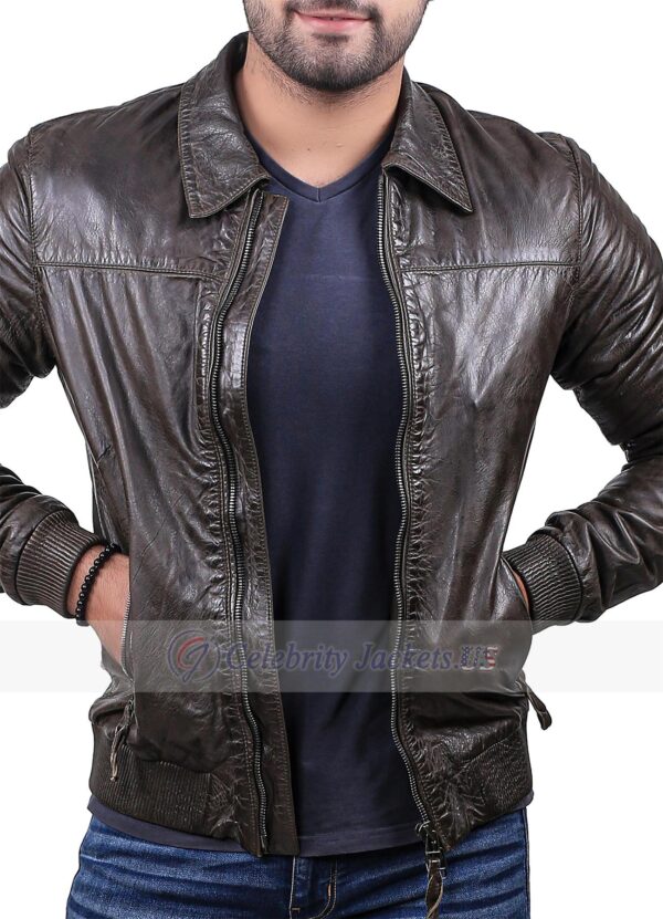 Chocolate Brown Crocodile Style Leather Jacket With Shirt Collar