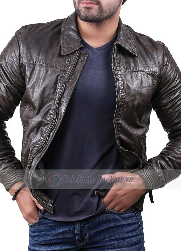 Chocolate Brown Crocodile Style Leather Jacket With Shirt Collar