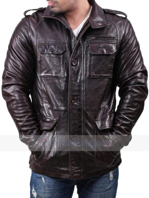 Fashion Leather Jacket With Four Front Pockets And Flap