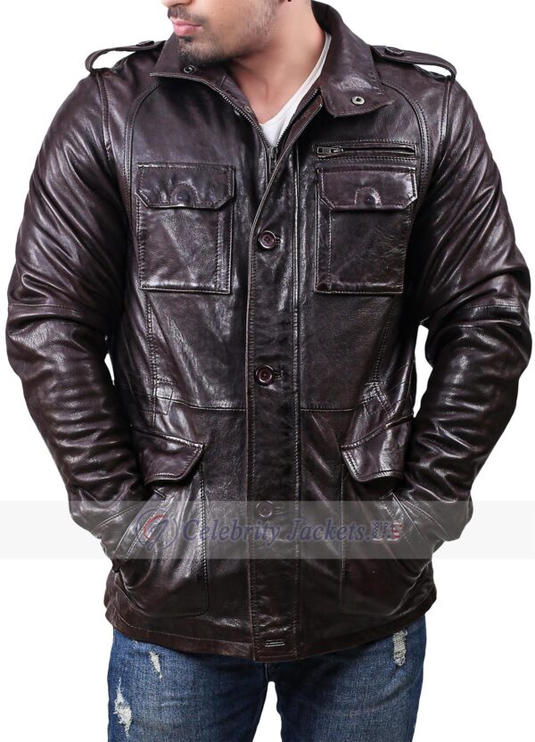 Fashion Leather Jacket With Four Front Pockets And Flap