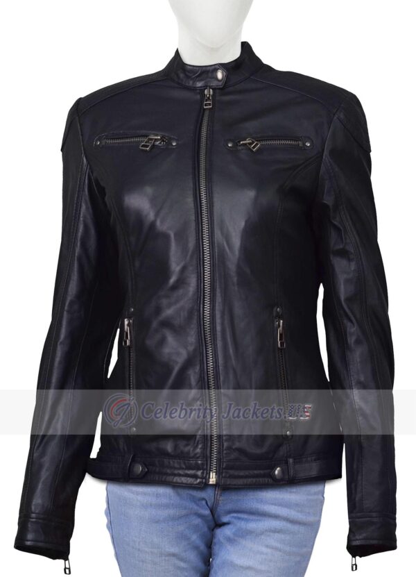 Front Pockets Real Leather Black Jacket for Women