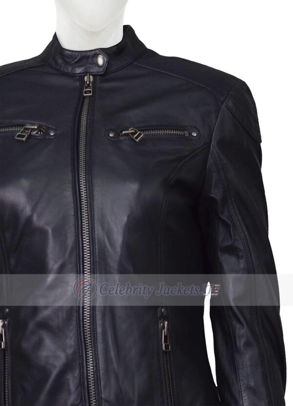 Front Pockets Real Leather Black Jacket for Women