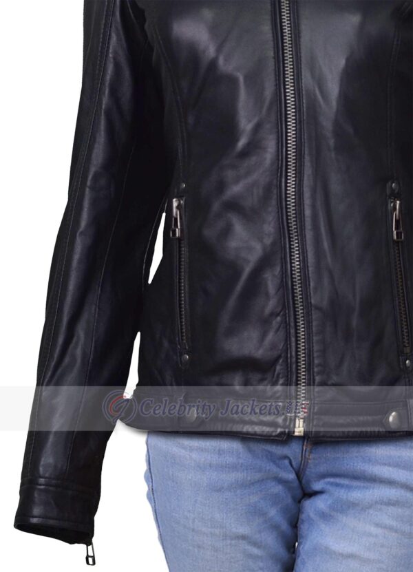 Front Pockets Real Leather Black Jacket for Women