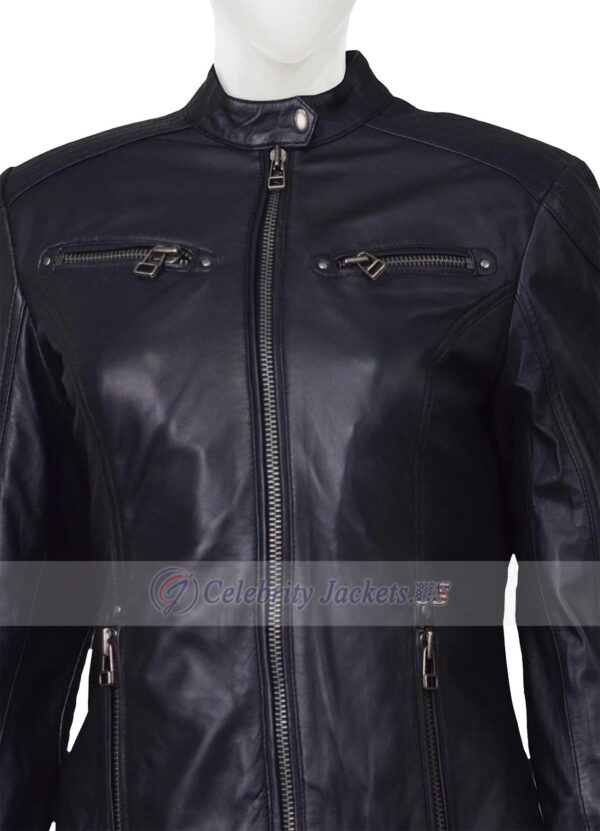 Front Pockets Real Leather Black Jacket for Women