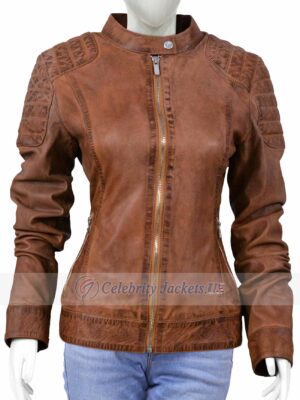 Lisa Merlot Brown Fitted Moto Leather Jacket