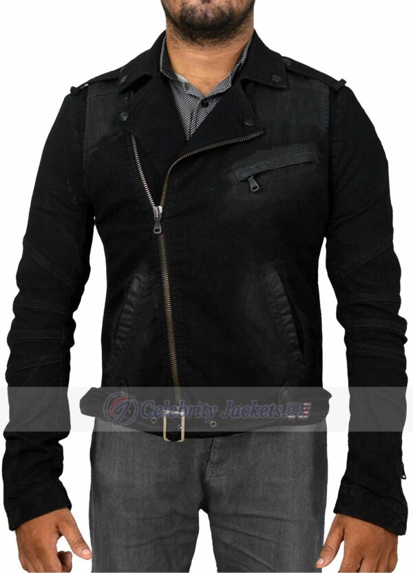 Men Lapel Collar Zipper Black Denim Jacket