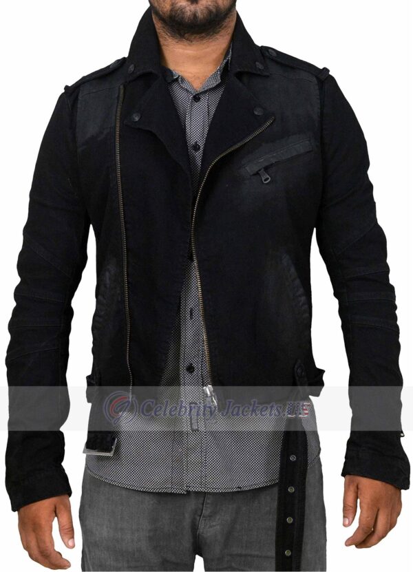 Men Lapel Collar Zipper Black Denim Jacket