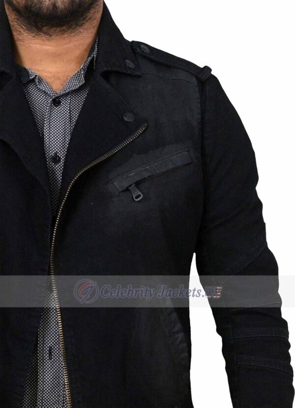 Men Lapel Collar Zipper Black Denim Jacket