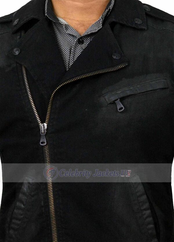 Men Lapel Collar Zipper Black Denim Jacket