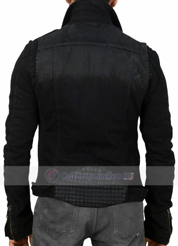 Men Lapel Collar Zipper Black Denim Jacket