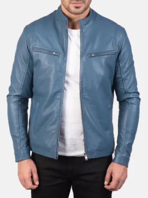 Men’s Blue Real Leather Biker Jacket – Slim Fit