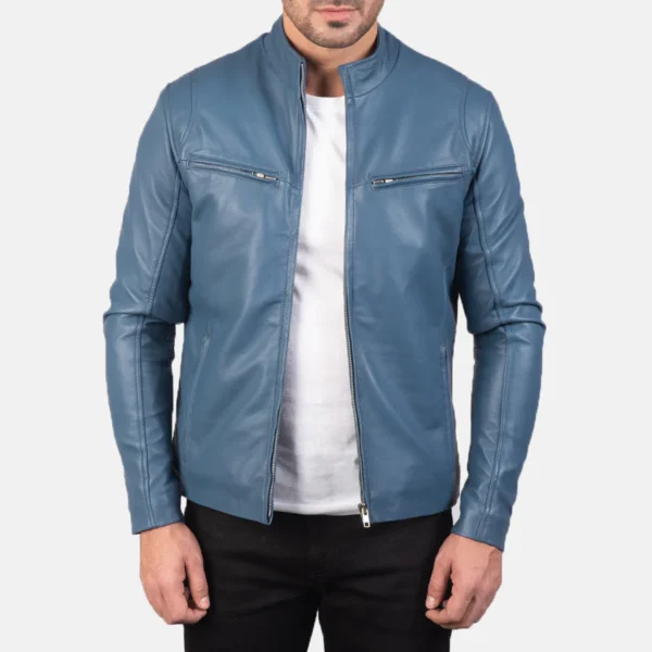 Men’s Blue Real Leather Biker Jacket – Slim Fit