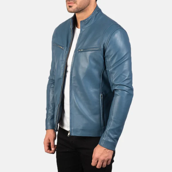Men’s Blue Real Leather Biker Jacket – Slim Fit