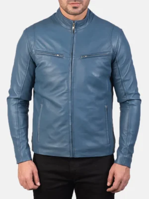 Men’s blue leather biker jacket with zip closed and zippered pockets