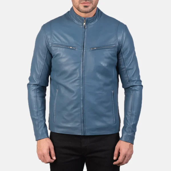 Men’s Blue Real Leather Biker Jacket – Slim Fit