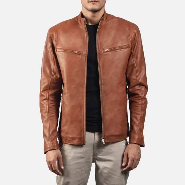 Men’s Brown Real Leather Biker Jacket – Slim Fit