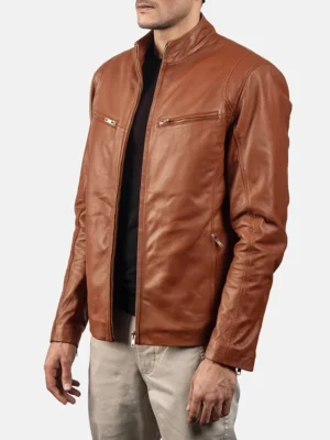 Side profile of brown leather jacket for men with zippered pockets and slim fit