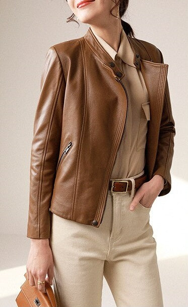 Casual Brown Leather Jacket for Women