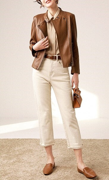 Casual Brown Leather Jacket for Women