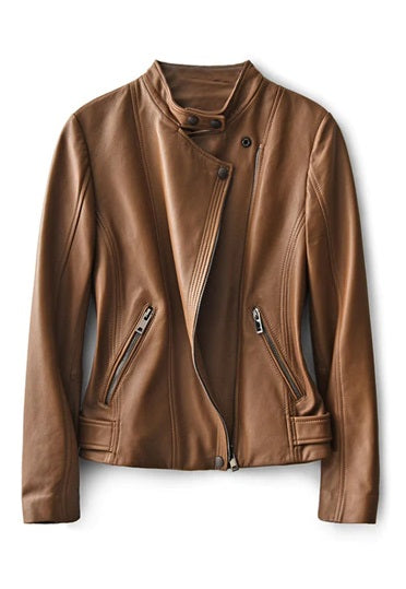 Casual Brown Leather Jacket for Women